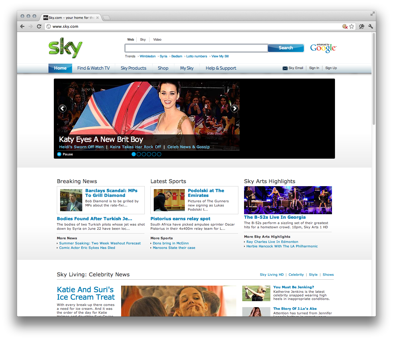 Sky homepage